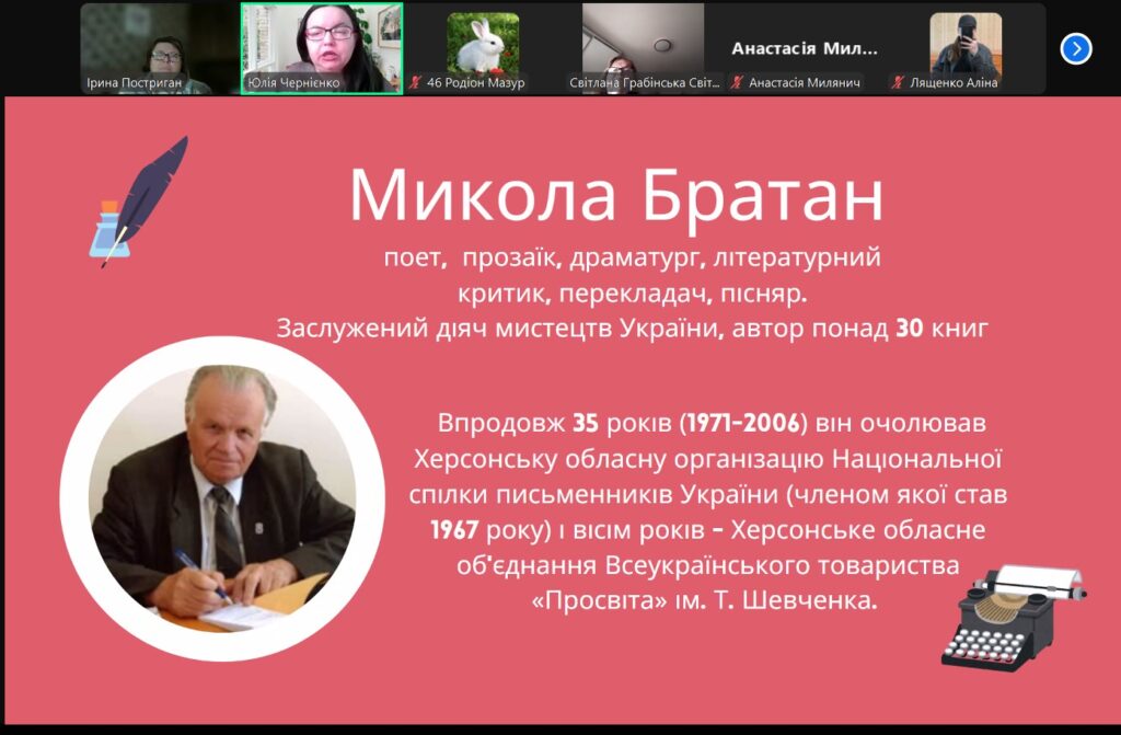 Скріншот екрану: учасники онлайн-заходу та слайд з описом діяльності Миколи Братана.